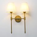 PERMO Classic Rustic Double Sconce Large 2-Lights Wall Sconce with Flared White Textile Lamp Shade and Antique Brass Finished Long Arm, Wall Sconce Light Fixture for Living Room Bathroom Bedroom