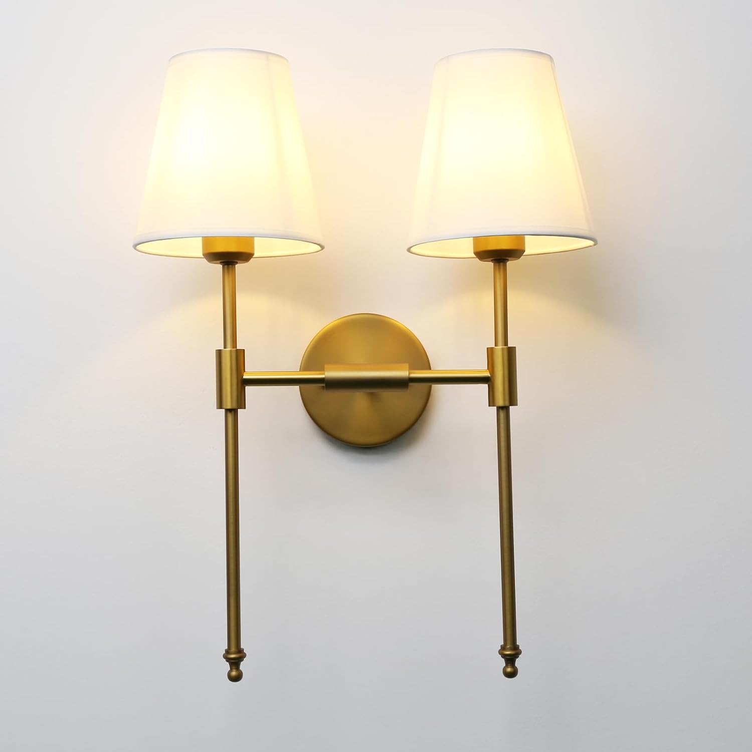 PERMO Classic Rustic Double Sconce Large 2-Lights Wall Sconce with Flared White Textile Lamp Shade and Antique Brass Finished Long Arm, Wall Sconce Light Fixture for Living Room Bathroom Bedroom