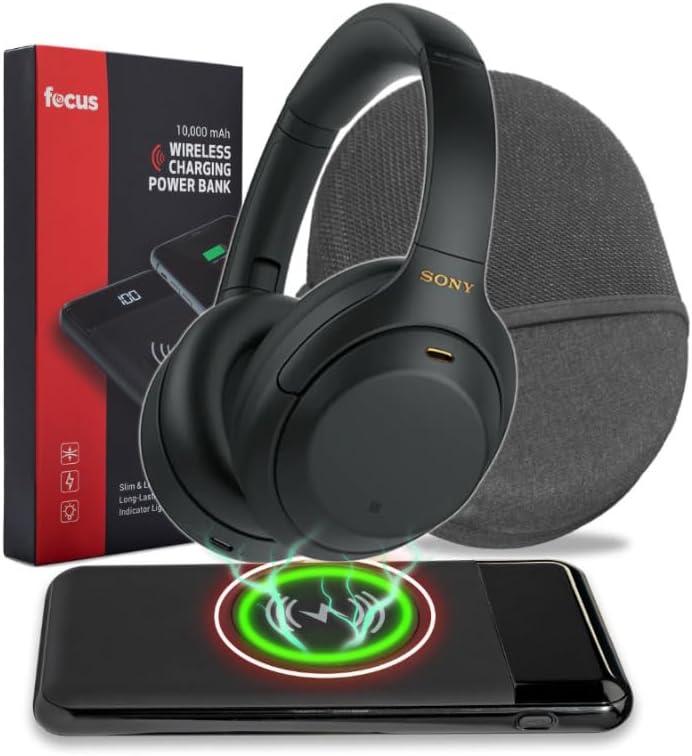Sony WH-1000XM4 Wireless Bluetooth Noise Canceling Over-Ear Headphones (Black) Bundle with 10000mAh Ultra-Portable LED Display Wireless Quick Charge Battery Bank (2 Items)