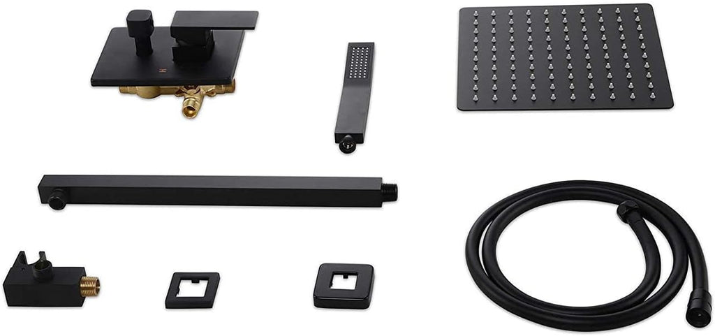 shower head -PE Shower System,Matte Black Wall Mounted Rain Shower Set 10' Square Shower Head Handheld Shower Modern Dual Function Shower Fixture for Bathroom, Solid Brass with Rough-in Valve Body
