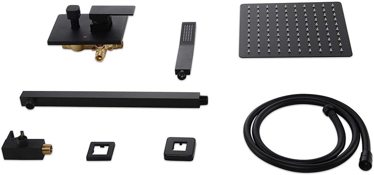 shower head -PE Shower System,Matte Black Wall Mounted Rain Shower Set 10' Square Shower Head Handheld Shower Modern Dual Function Shower Fixture for Bathroom, Solid Brass with Rough-in Valve Body