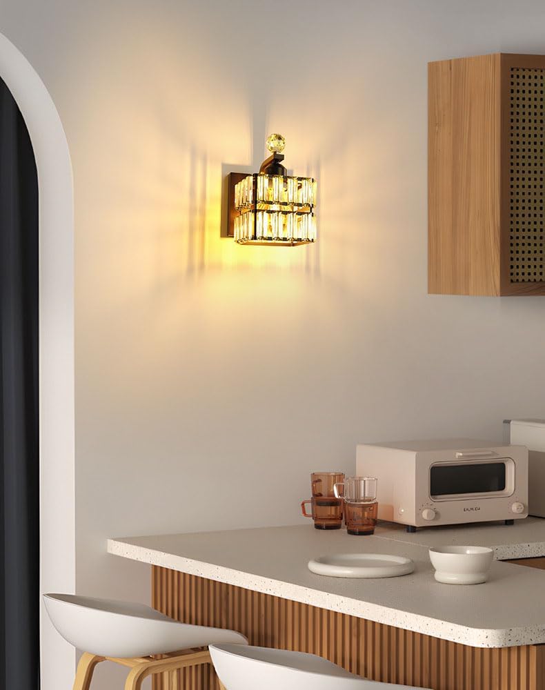 Modern Crystal Wall Sconce Set of 2 Black Finish Square Double Layer Prism Vanity Light Fixture for Bathroom Bedroom Mirror Living Room