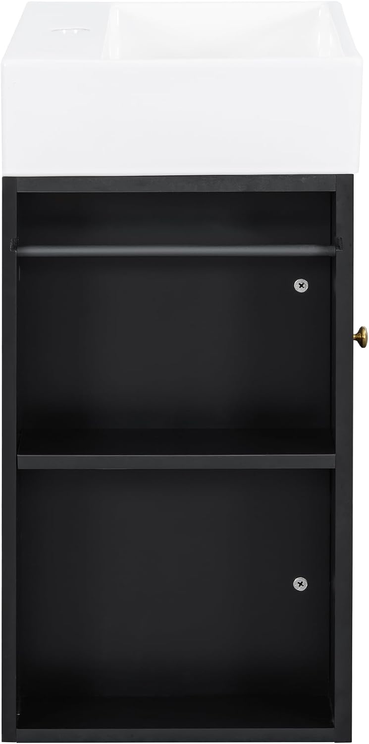 20-inch Bathroom Vanity with Sink Combo, Wall-Mounted Single Storage Cabinet with One Cabinet & Left 2-Tier Storage Shelves, Wooden Vanity with Ceramic Basin for Bathroom, Black