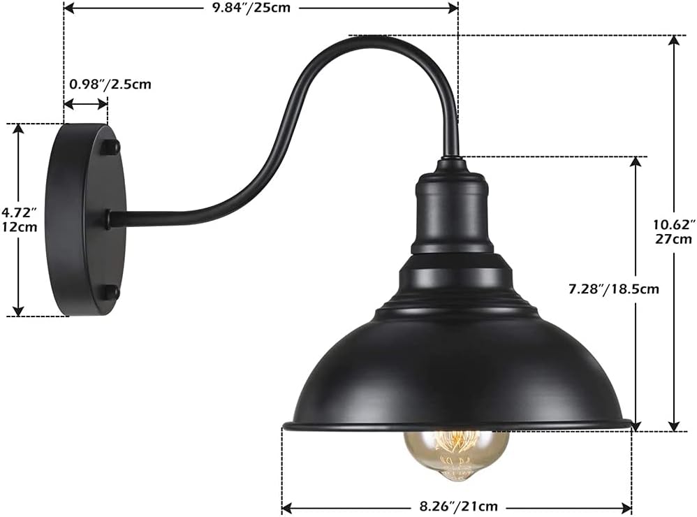 E27 Gooseneck Industrial Wall Sconce Matte Black Vintage Light Fixture High Transmission Wrought Iron Lamp Farmhouse Metal Lantern for Indoor Bedroom Bathroom