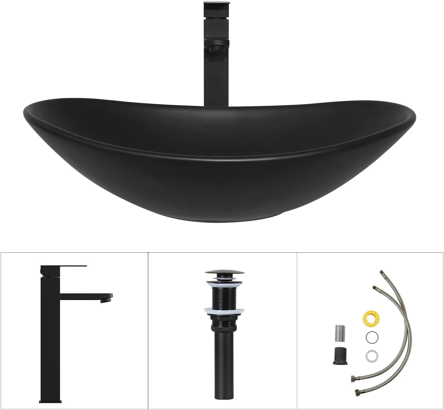 48 Inch Bathroom Vanity with Sink, Traditional Freestanding Black Bathroom Vanity Cabinet with Four Drawers, Pedestal Cabinet with Two Black Ceramic Boat Sinks