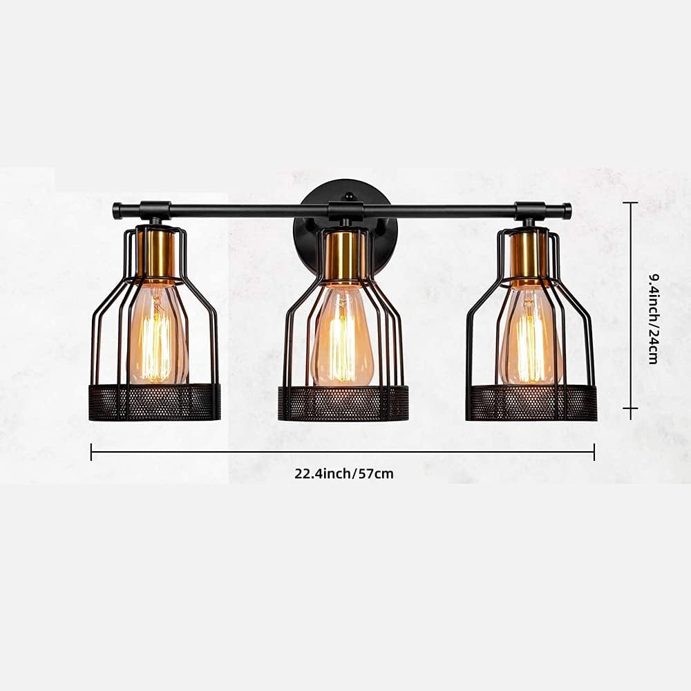 E26 3 Heads Wrought Iron Wall Lights Industrial Lighting, Bathroom Indoor Cage Light Fixture, Metal Shade with Black FinishApply to Living Room Restaurant Cafe Corridor