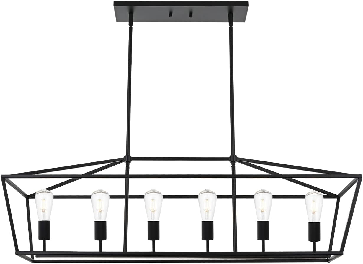 BONLICHT 6-Light Linear Farmhouse Chandelier in Matte Black Finish Industrial Kitchen Island Pendant Lighting Ceiling Hanging Lamp for Dining Room Stairway Living Room