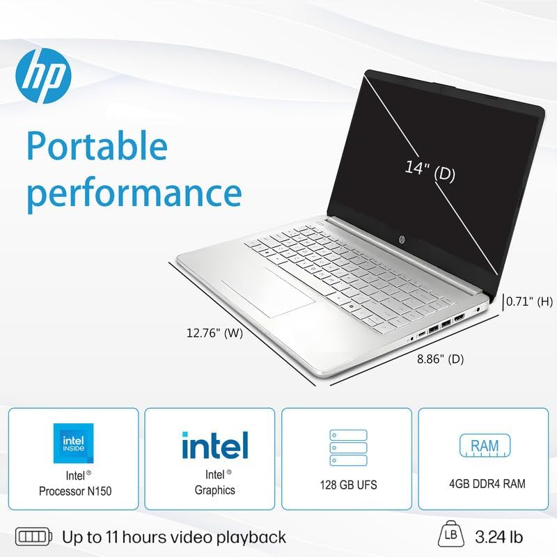 HP 14' Laptop for Student Business, 1 Year Office 365, Win11 Pro, AI-Copilot, Intel Quad-Core Processor, 4GB RAM• 128GB UFS• WiFi 6, Seibosfy
