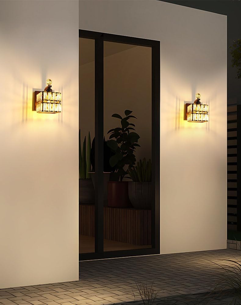 Modern Crystal Wall Sconce Set of 2 Black Finish Square Double Layer Prism Vanity Light Fixture for Bathroom Bedroom Mirror Living Room
