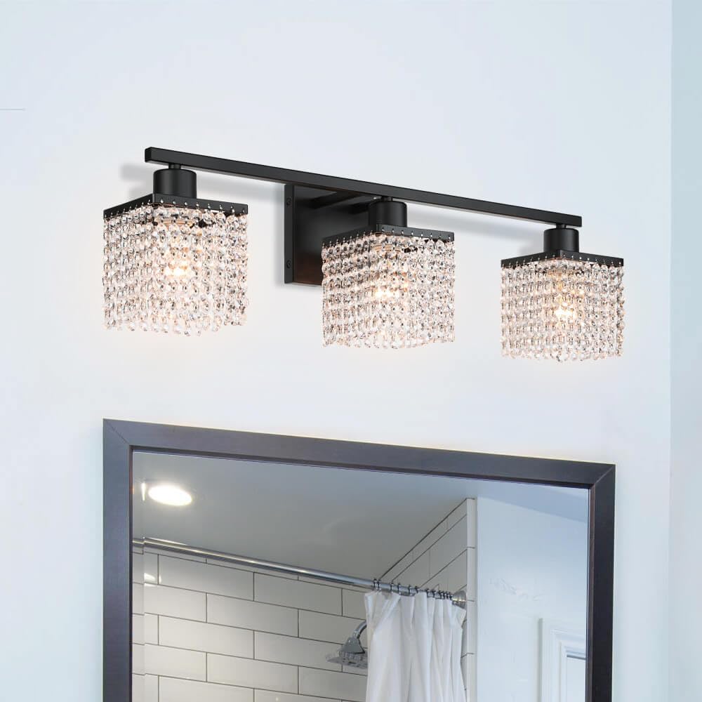 XiNBEi Lighting 3-Light Bathroom Vanity Light, Black Bathroom Light Fixtures Over Mirror with K9 Clear Crystal String Shade Modern Crystal Vanity Lights for Bathroom XB-W327-3-MB