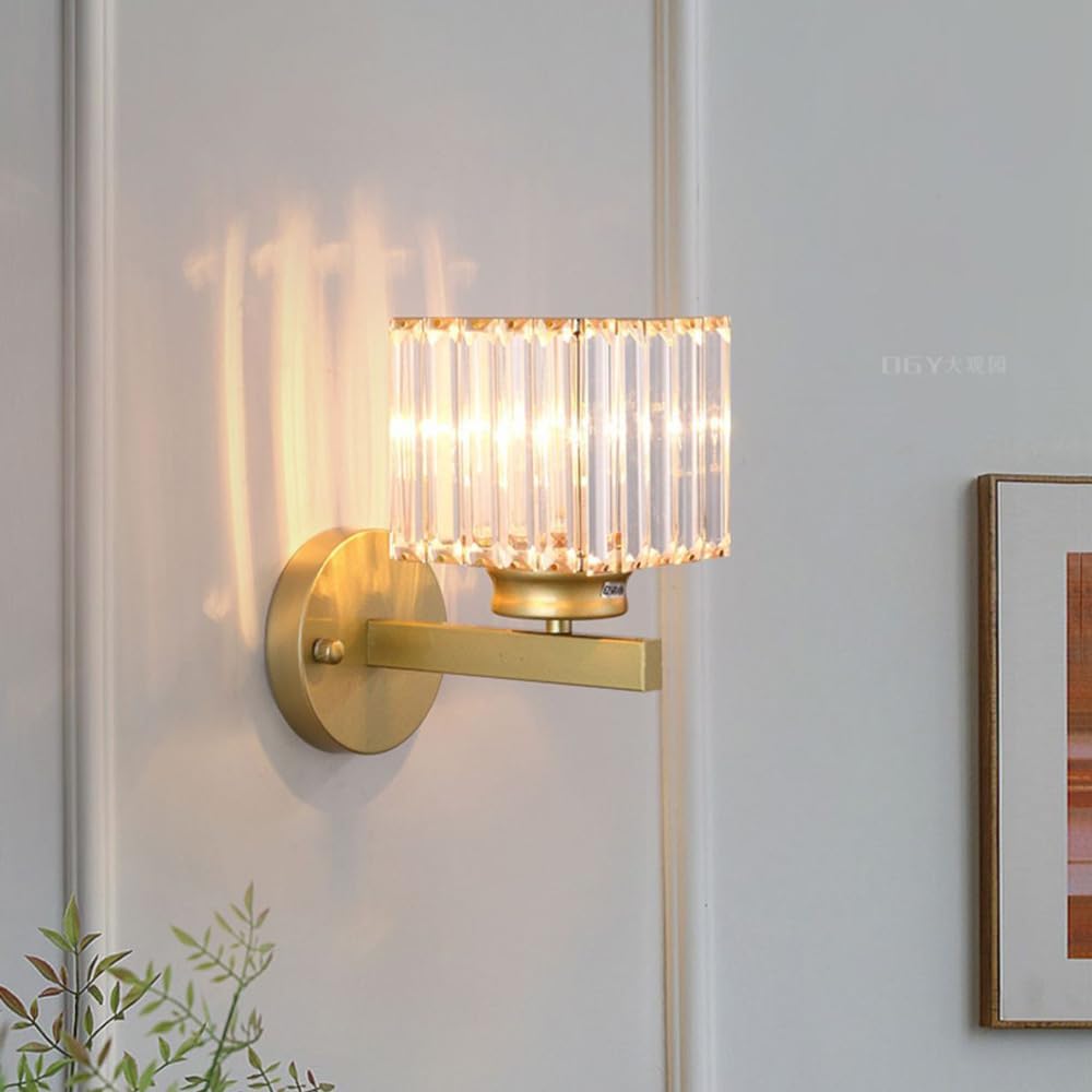 Luxury Crystal Wall Light Sconce - Black Crystal with Clear Glass Shade, Square Hardwired Vanity Light Fixture for Bathroom and Bedroom