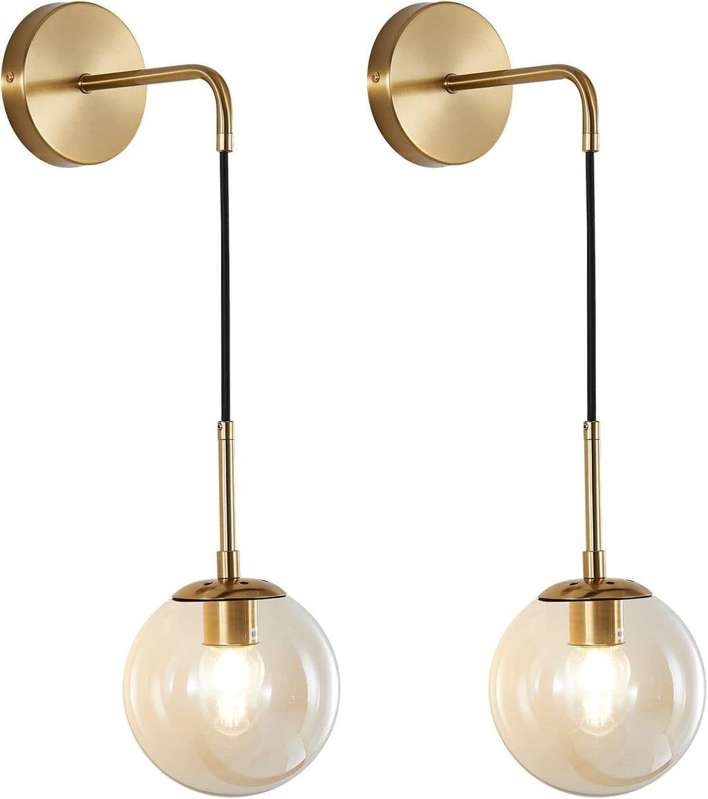 BOKT Mid Century Modern Globe Wall Sconce Lighting Set of 2 Brushed Brass Gold Amber Glass Round Wall Light Fixture Set of Two Vintage Vanity Bathroom Globe Wall Lamp (Amber)
