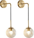 BOKT Mid Century Modern Globe Wall Sconce Lighting Set of 2 Brushed Brass Gold Amber Glass Round Wall Light Fixture Set of Two Vintage Vanity Bathroom Globe Wall Lamp (Amber)