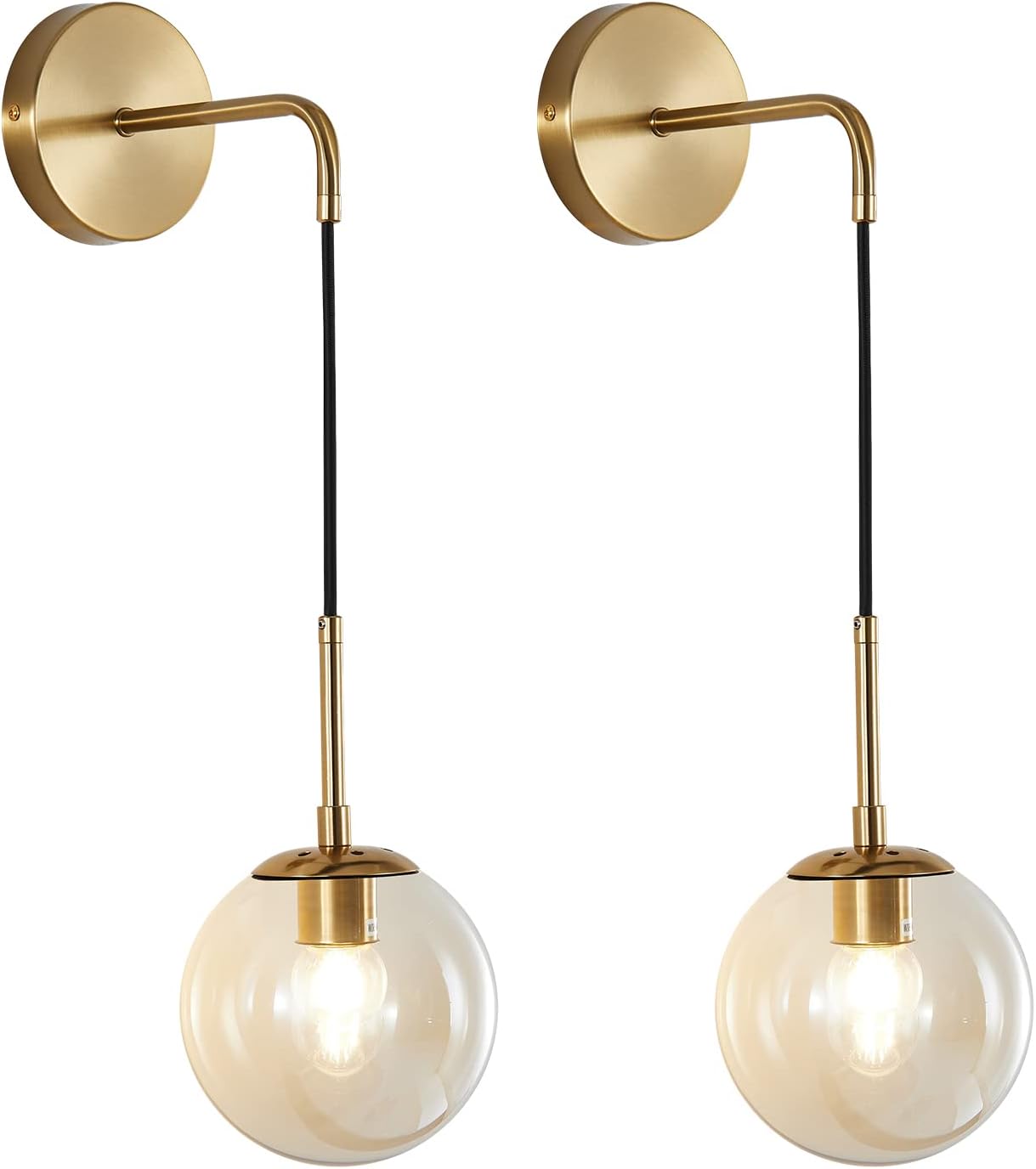 BOKT Mid Century Modern Globe Wall Sconce Lighting Set of 2 Brushed Brass Gold Amber Glass Round Wall Light Fixture Set of Two Vintage Vanity Bathroom Globe Wall Lamp (Amber)