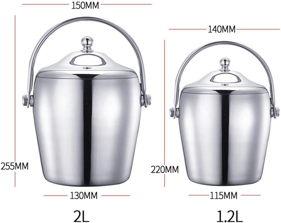 1.2/2L Stainless Steel Ice Bucket Portable 6-Hour Double-Layer Insulated Freezer with Lid for Parties Barbecues Buffets