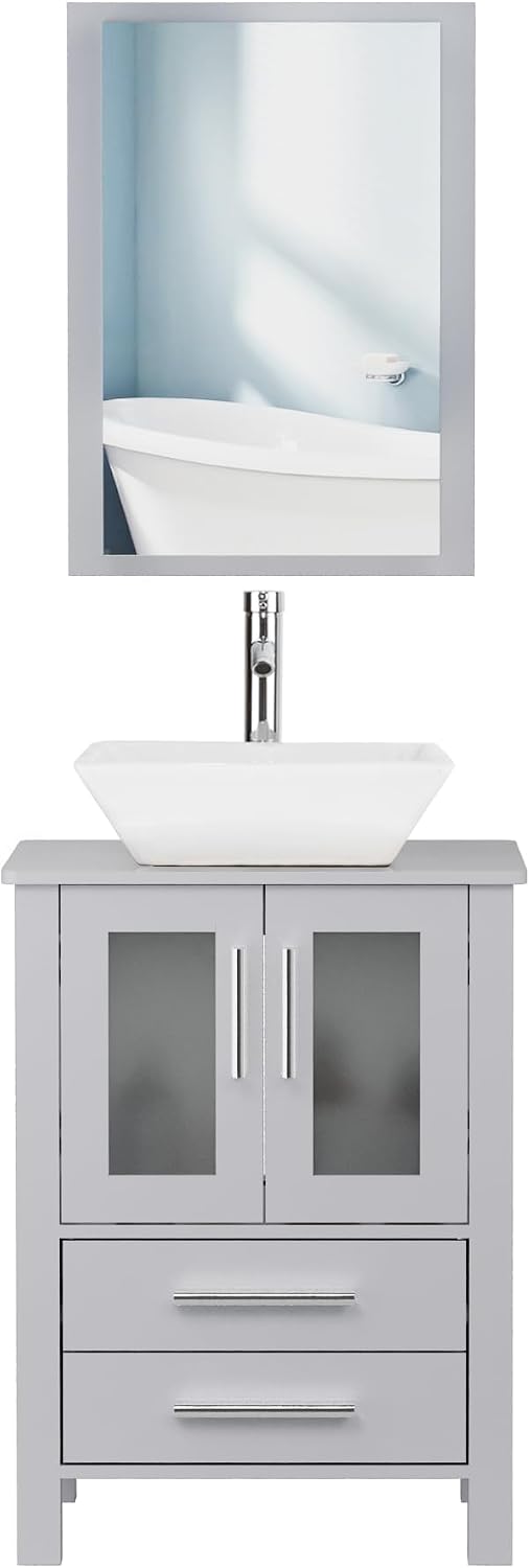 UEV 24' Grey Bathroom Vanity with Ceramic Vessel Sink, ORB Faucet, MDF Vanity with Pop Up Drain and 30% Water-Saving Design, Soft Closing Drawers/Doors,Mirror Not Included (A07)