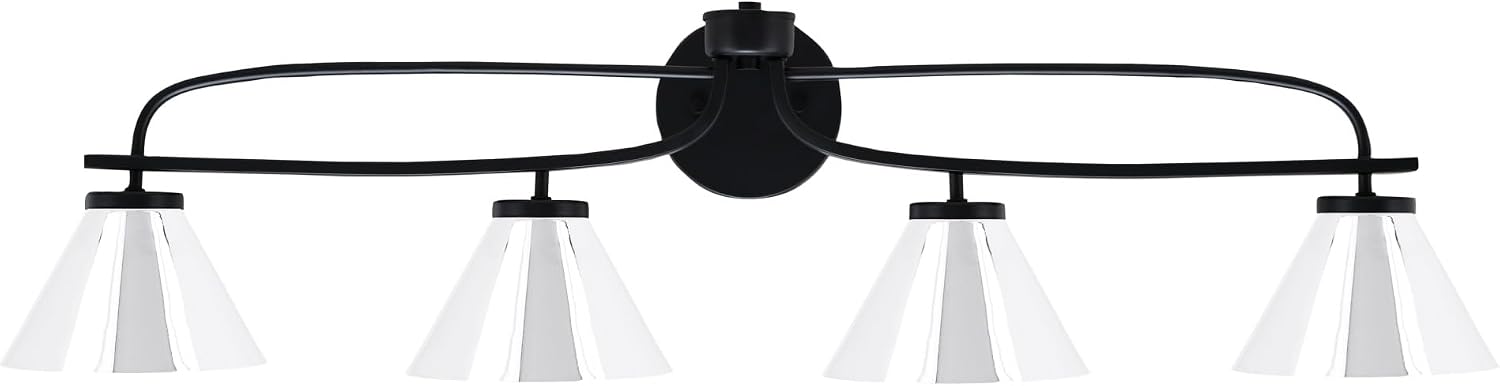 Toltec Lighting Cavella 4-Light Bath Bar – Modern Vanity Light Fixture for Bathroom – Dimmable and LED-Compatible Wall Light – Matte Black Finish, 7' Chrome Metal Shades