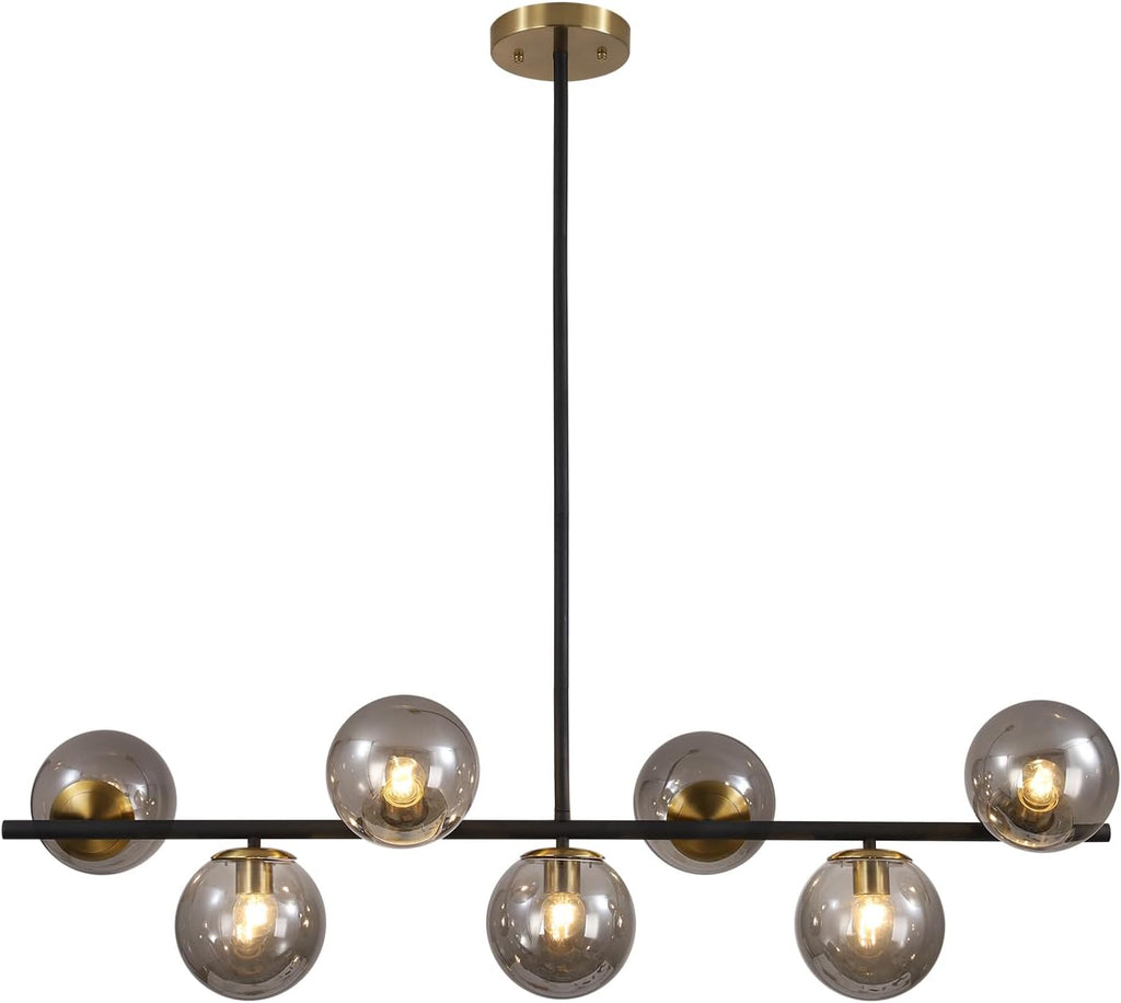 KCO Lighting Black and Gold Linear Kitchen Pendant Lighting Mid Century Modern Chandelier 7-Light Smoke Glass Globe Chandelier Vintage Dining Room Light Fixtures