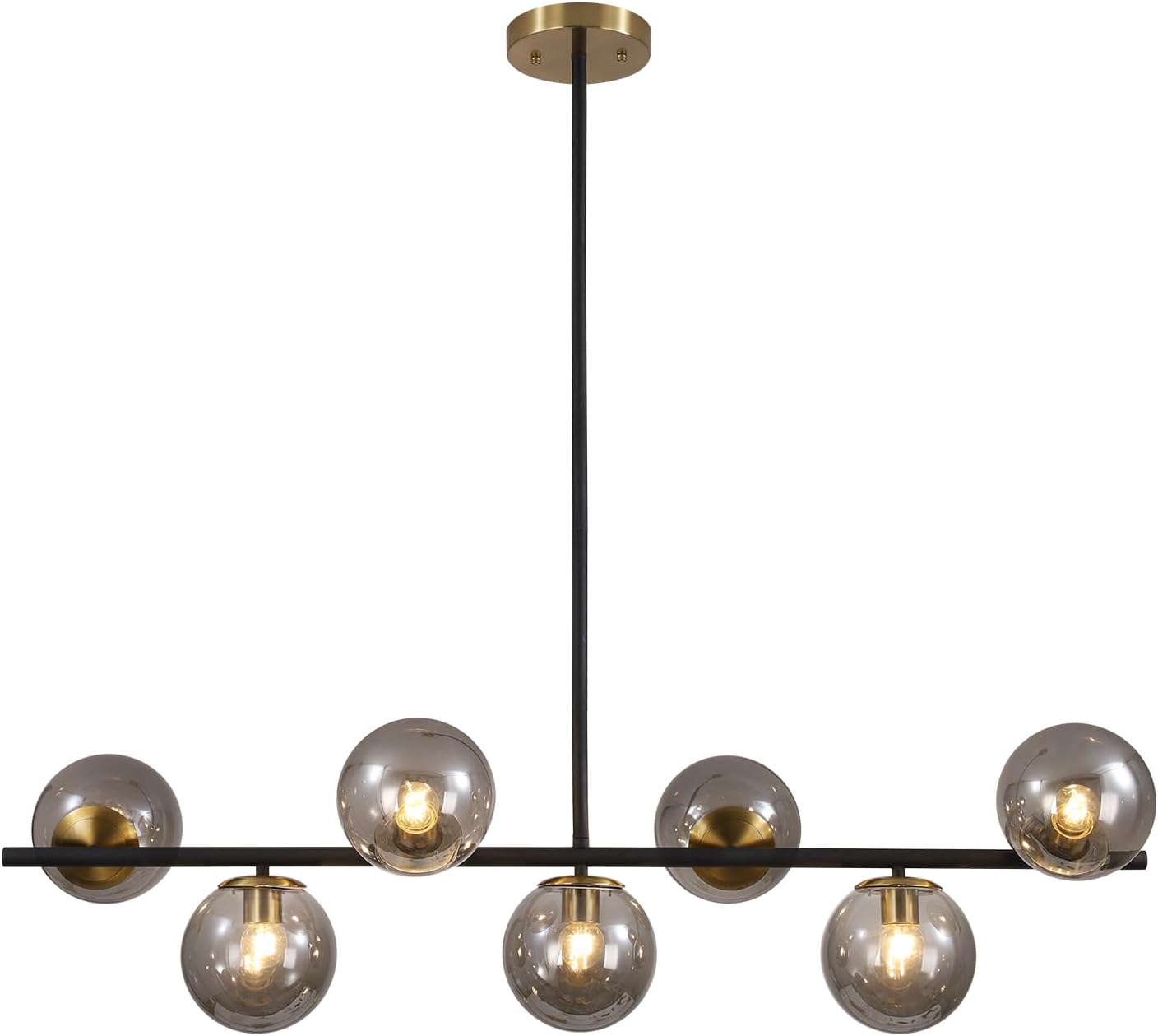 KCO Lighting Black and Gold Linear Kitchen Pendant Lighting Mid Century Modern Chandelier 7-Light Smoke Glass Globe Chandelier Vintage Dining Room Light Fixtures
