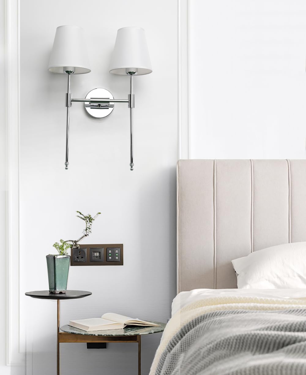PERMO Classic Double Sconce Chrome 2 Lights Wall Sconce Rustic Wall Mount Lighting Fixture with Flared White Textile Lamp Shade