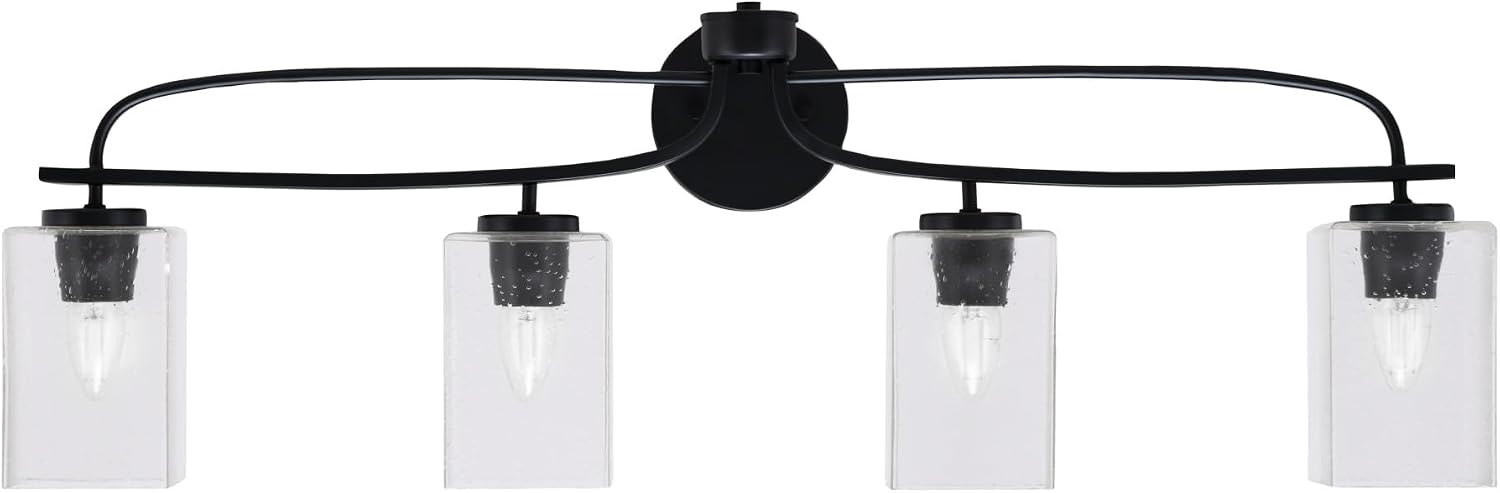 Toltec Lighting Cavella 4-Light Bath Bar – Modern Vanity Light Fixture for Bathroom – Dimmable and LED-Compatible Wall Light – Matte Black Finish, 4' Square Clear Bubble Glass