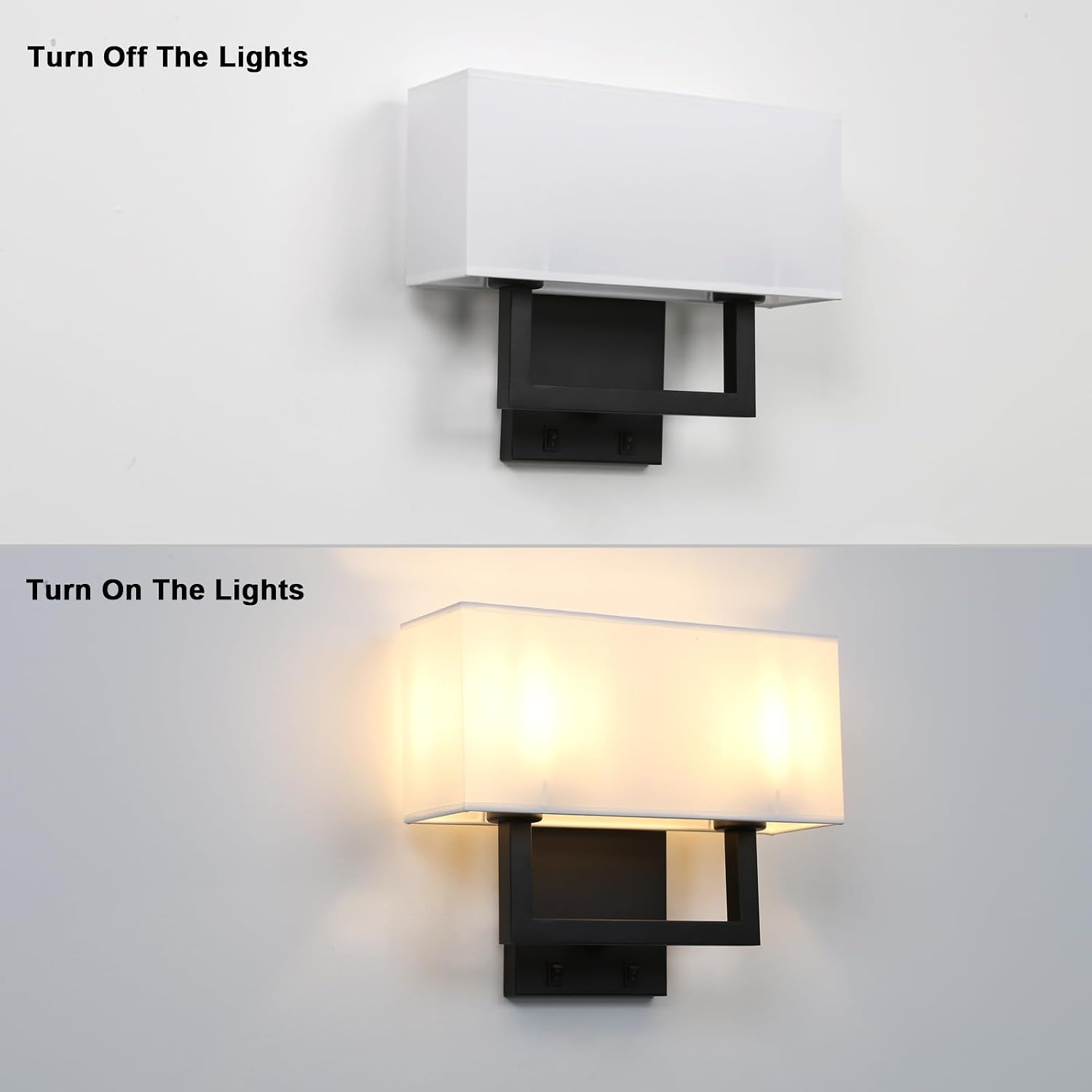 Yosoan Set of 2 Indoor Bedside Wall Sconce with On Off Switch, Modern Boho Interior Finish Brass 2-Light Vanity Vintage Industrial with Square White Fabric Shade for Reading Room Hallway(Black)