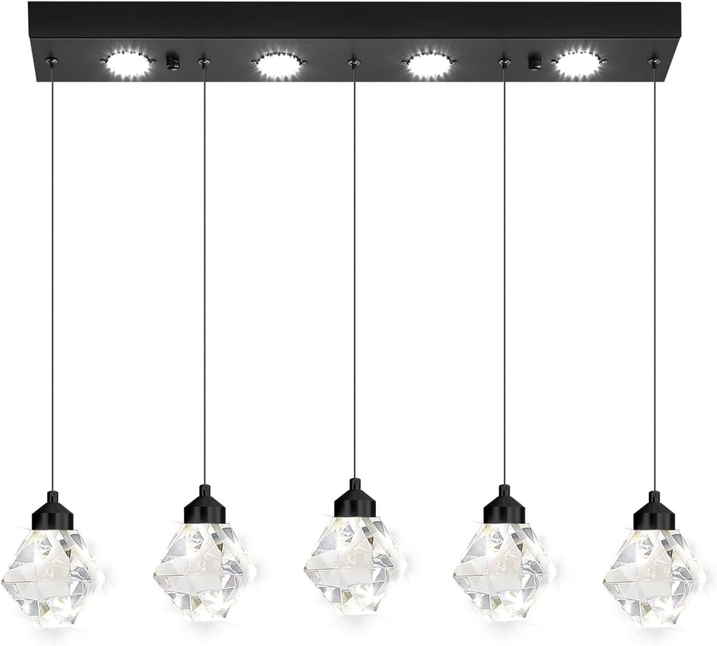 5-Lights Rectangular Pendant Light LED Dimmable Linear Crystal Chandelier Modern Rectangular Chandeliers for Dining Room Bedroom Black Hanging Light