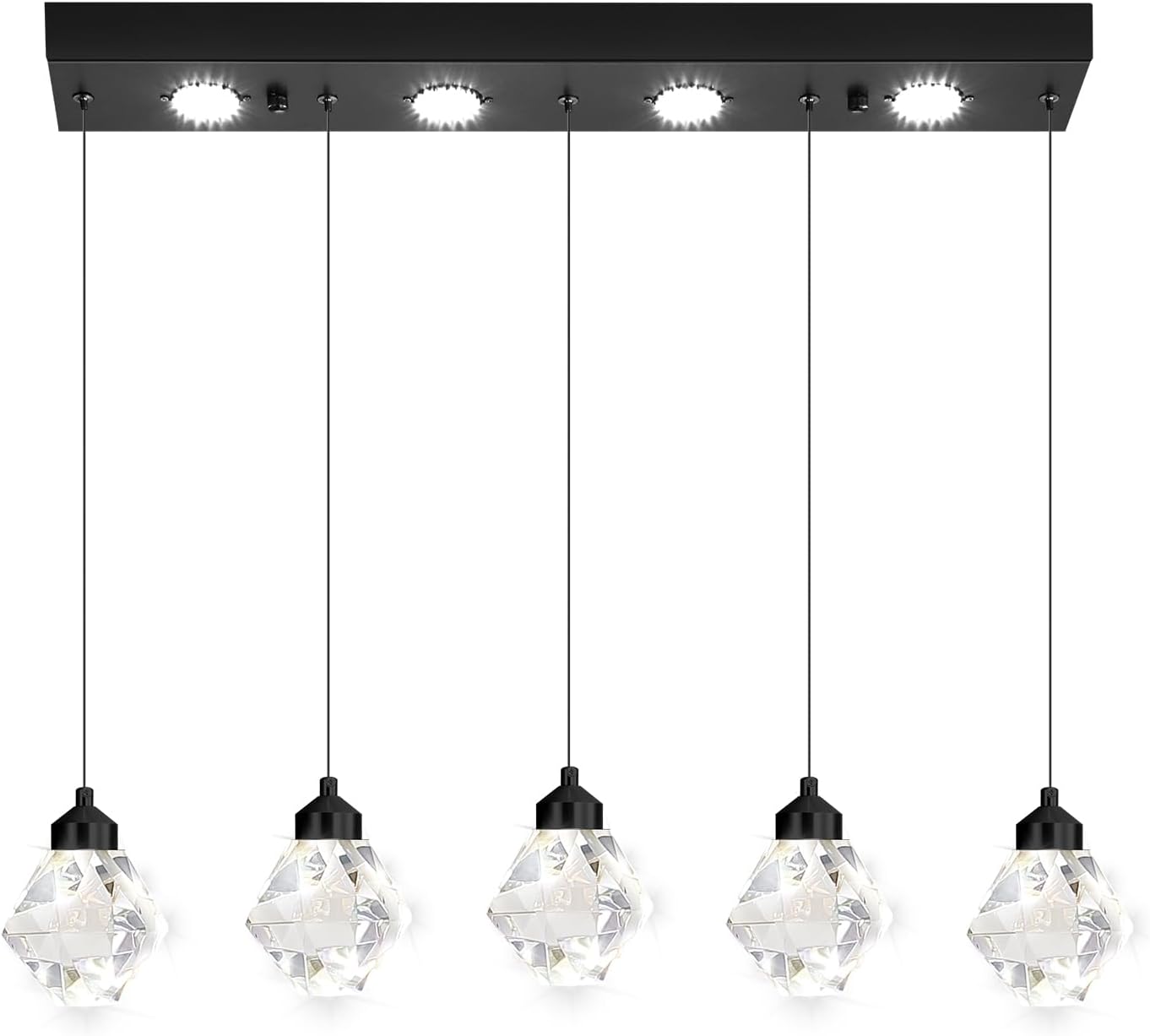 5-Lights Rectangular Pendant Light LED Dimmable Linear Crystal Chandelier Modern Rectangular Chandeliers for Dining Room Bedroom Black Hanging Light