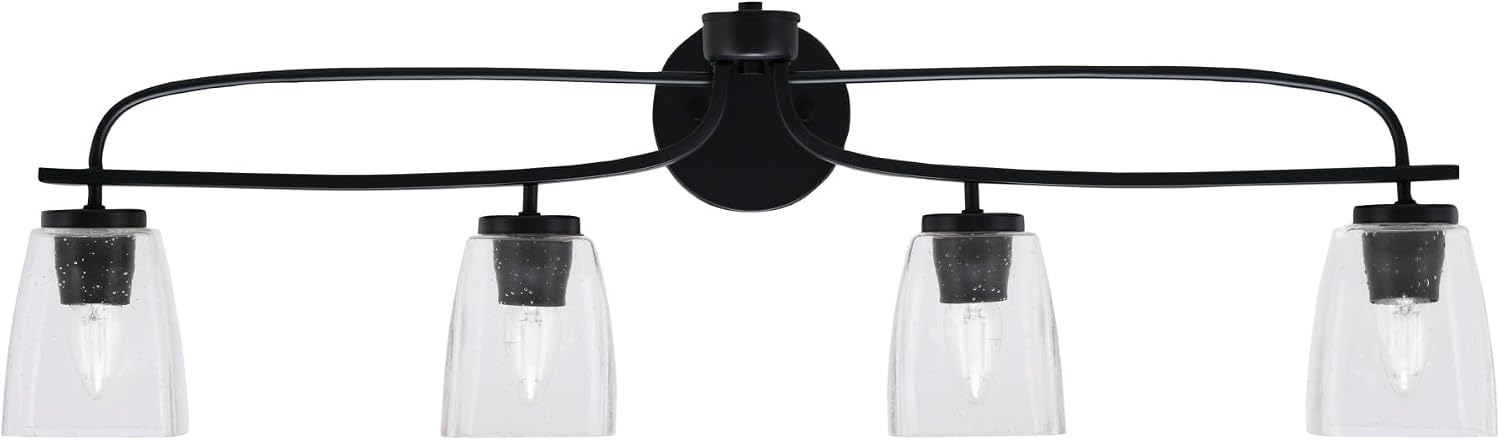Toltec Lighting Cavella 4-Light Bath Bar – Modern Vanity Light Fixture for Bathroom – Dimmable and LED-Compatible Wall Light – Matte Black Finish, 4.5' Square Clear Bubble Glass
