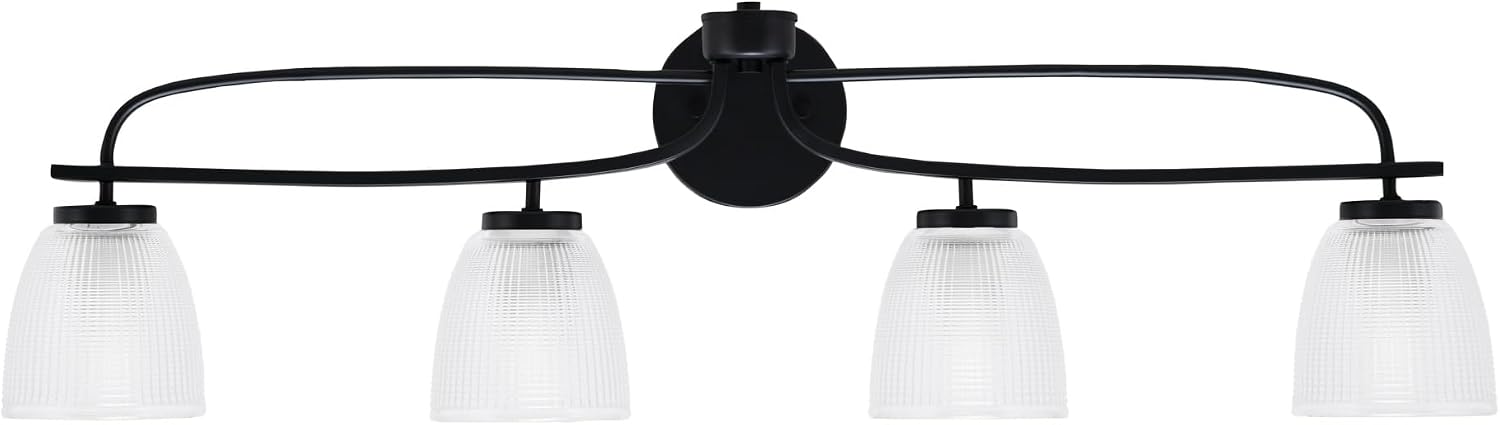 Toltec Lighting Cavella 4-Light Bath Bar – Modern Vanity Light Fixture for Bathroom – Dimmable and LED-Compatible Wall Light – Matte Black Finish, 5' Clear Ribbed Glass