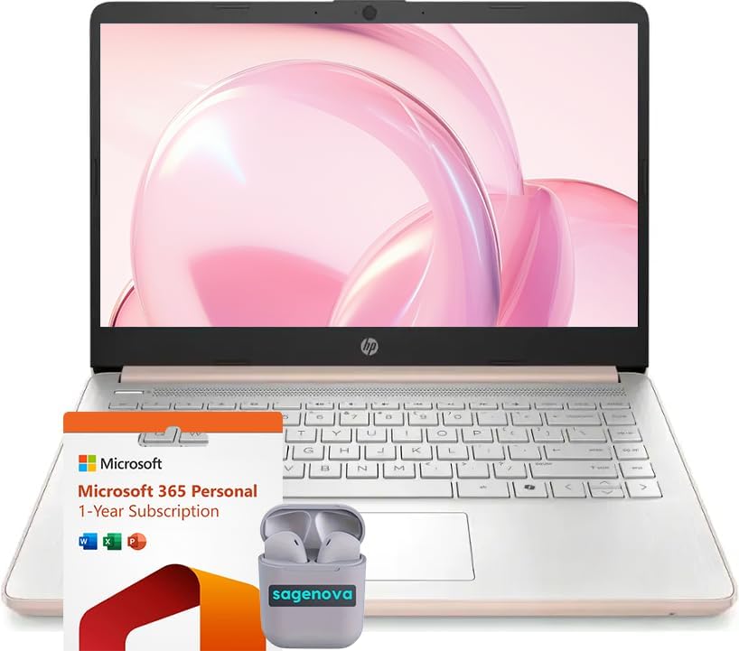 HP 14' HD Business & Student Laptop Computer, 32GB RAM 640GB Storage (128GB UFS + 512GB SD Card), Windows 11 S with 1-Year Microsoft Office 365, Intel N150, SageNova Earphones, Pale Rose Gold