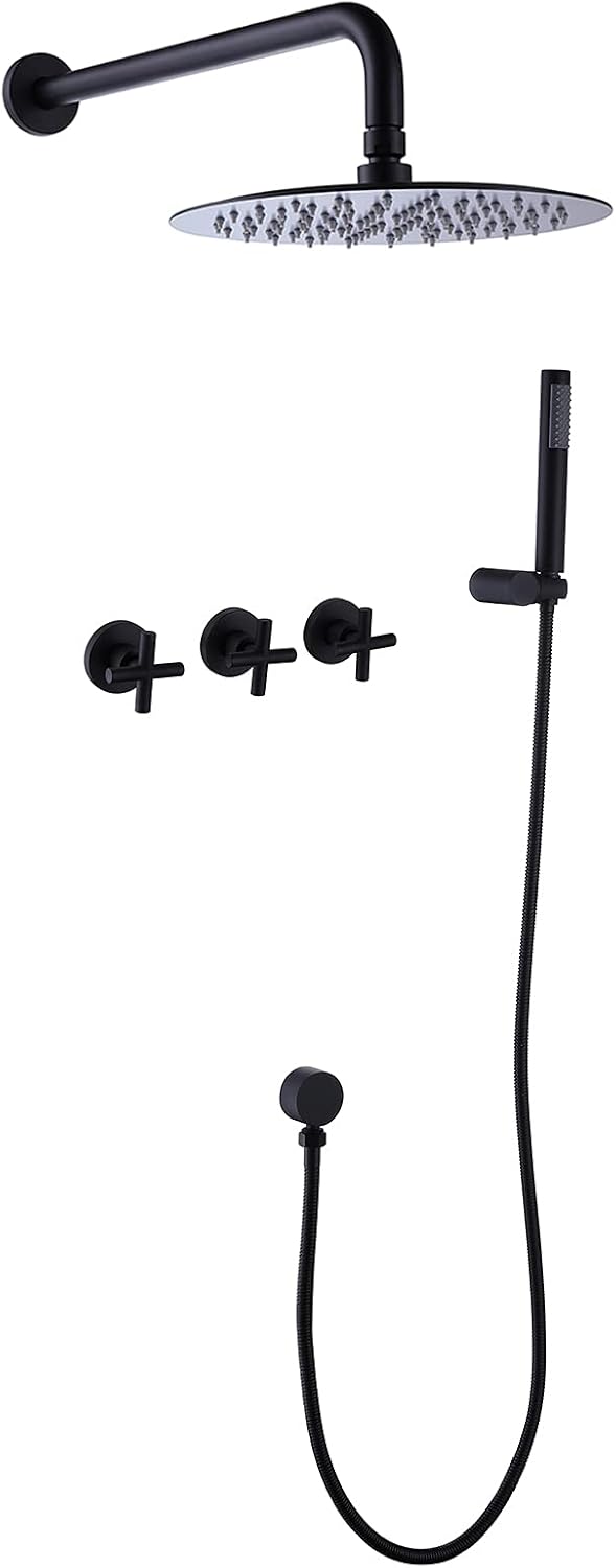 RBROHANT Black Shower Faucet Set Brass Shower System, 10 Inch High Pressure Round Rain Shower Head with Handheld Spray, Wall Mounted, Rough-in Valve Included, Matte Black, RCS81010MB