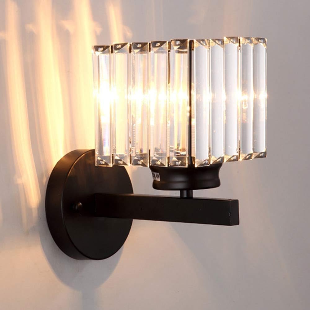 Luxury Crystal Wall Light Sconce - Black Crystal with Clear Glass Shade, Square Hardwired Vanity Light Fixture for Bathroom and Bedroom