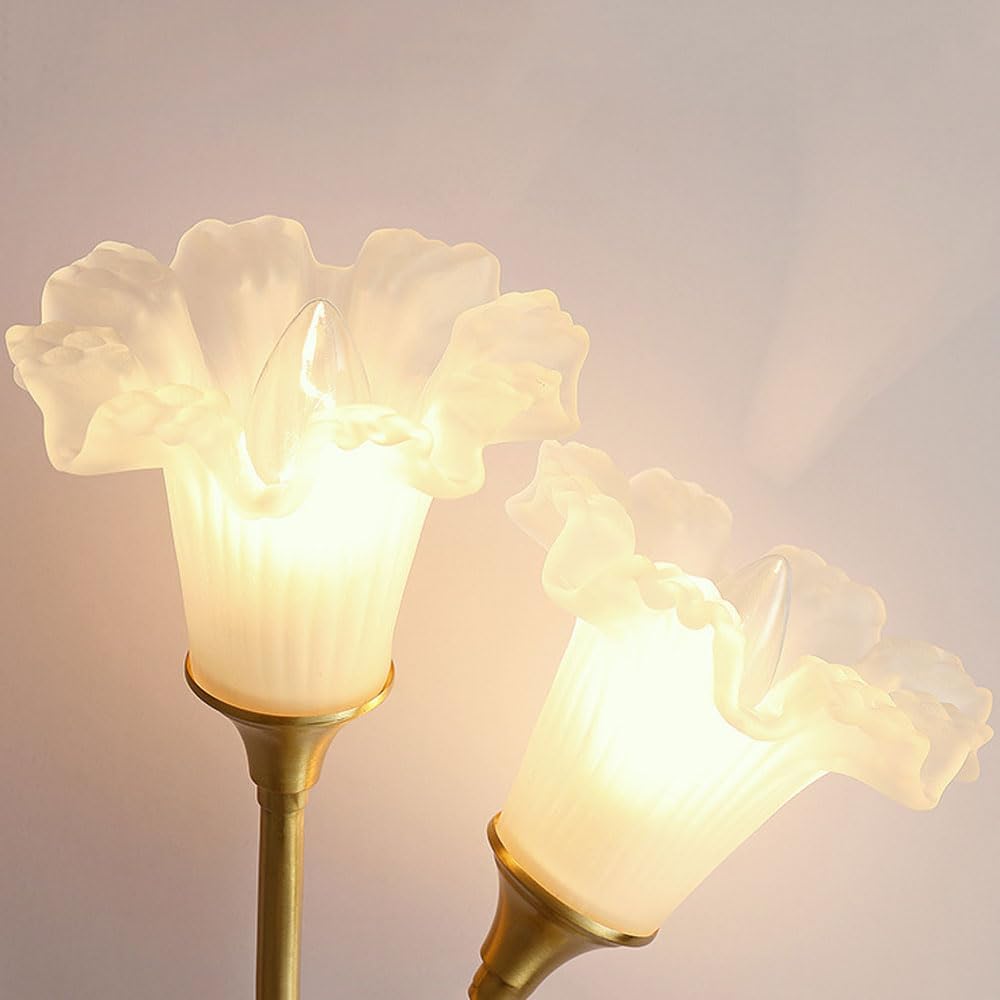 Elegant Brass Wall Light Fixture French Flower Glass Wall Sconce Luxurious Brushed Brass Bathroom Vanity Lighting, 2-Light Floral Home Decor Lights Fixture for