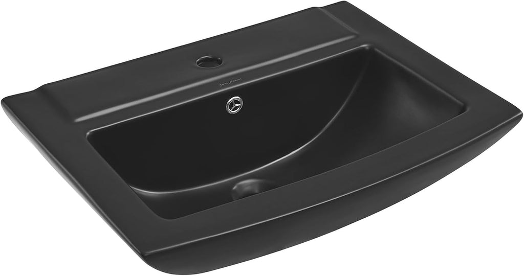 Sublime Square Two-Piece Ceramic Pedestal Bathroom Sink in Matte Black with Overflow, Single Faucet Hole, Standard 1.75 in Drain