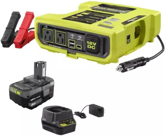 RYi8030A-BK Fits for Ryobi 18-Volt 800-Watt Maximum 12-Volt Automotive Power Inverter with Dual USB Ports with 4.0 Ah Battery and Charger