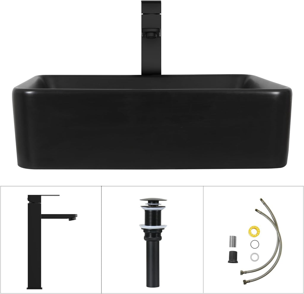 48 Inch Bathroom Vanity with Sink, Traditional Freestanding Black Bathroom Vanity Cabinet with Four Drawers, Pedestal Cabinet with Two Black Ceramic Vessel Sinks
