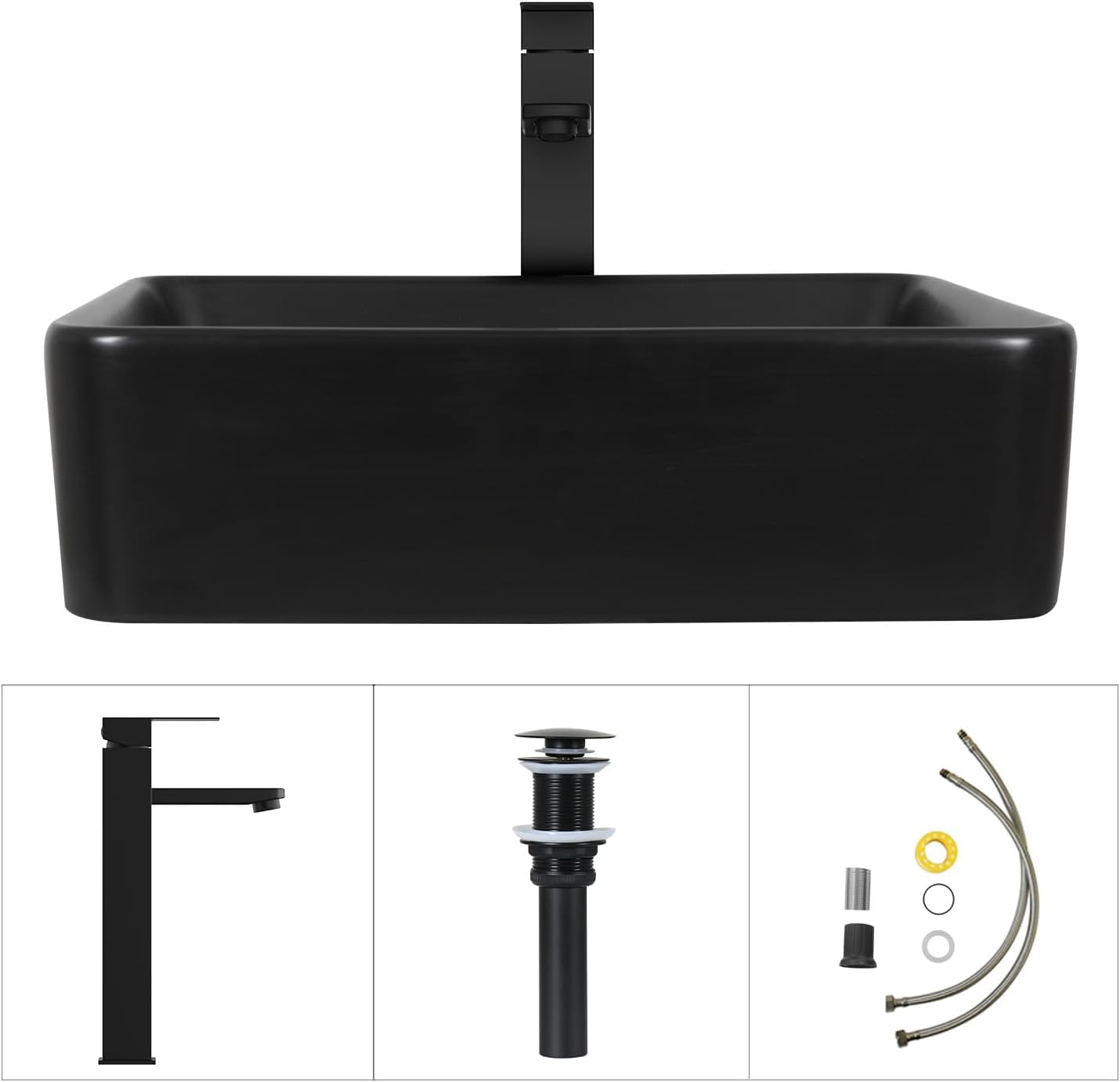32 Inch Bathroom Vanity with Sink, Traditional Freestanding Black Bathroom Vanity Cabinet with Four Drawers, Pedestal Cabinet with Square Black Ceramic Sink