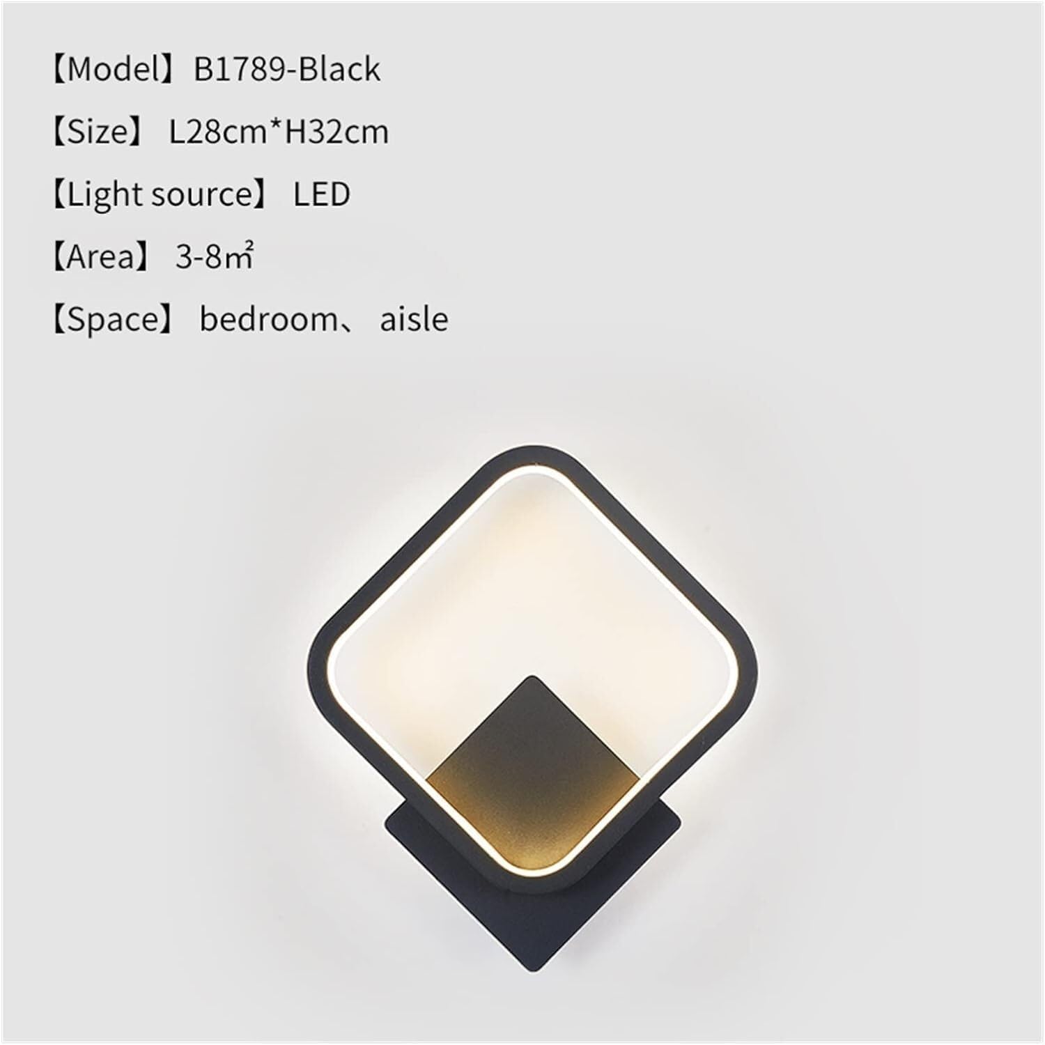 Modern Wall Lamp LED Round Square Sconces Light Compatible with Bedroom Study Aisle Staircase Living Room Bathroom Ring Light Fixture(Square-Black,WarmWhite)
