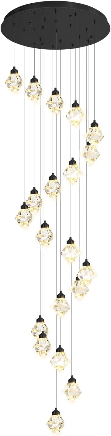 20-Light Chandelier Staircase Chandeliers for High Ceilings Crystal Chandeliers for Living Room Black Pendant Light Fixture Dimmable LED Hanging Light with Remote