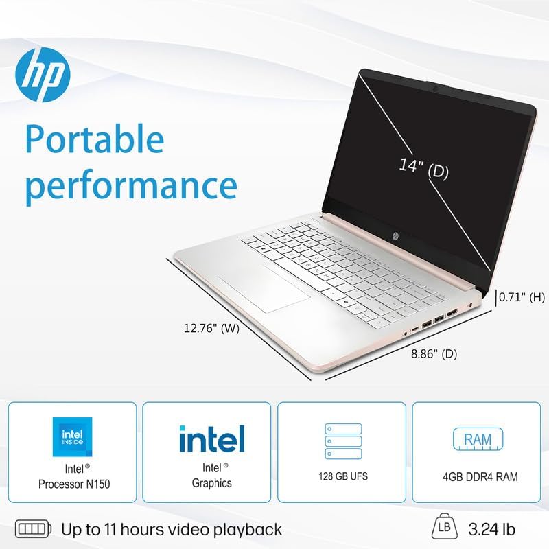 HP 14' Laptop for Student Business, 1 Year Office 365, Win11 Pro, AI-Copilot, Intel Quad-Core Processor, 4GB RAM• 128GB UFS• WiFi 6, Seibosfy