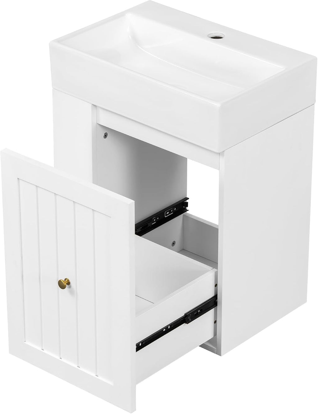 20-inch Bathroom Vanity with Sink Combo, Wall-Mounted Single Storage Cabinet with One Drawer& Left 2-Tier Storage Shelves, Wooden Vanity with Ceramic Basin for Bathroom, White