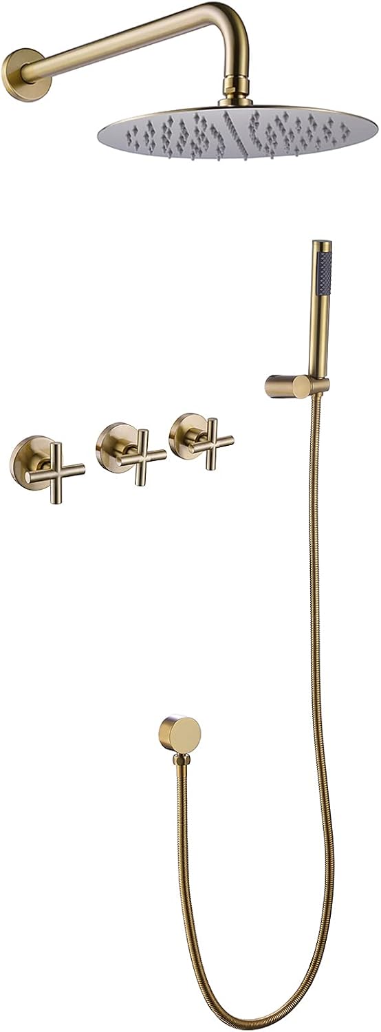 RBROHANT Gold Shower System Brass Shower Faucet Set, 10 Inch High Pressure Round Rain Shower Head with Handheld Spray, Wall Mounted, Rough-in Valve Included, Brushed Gold, RCS81010BG
