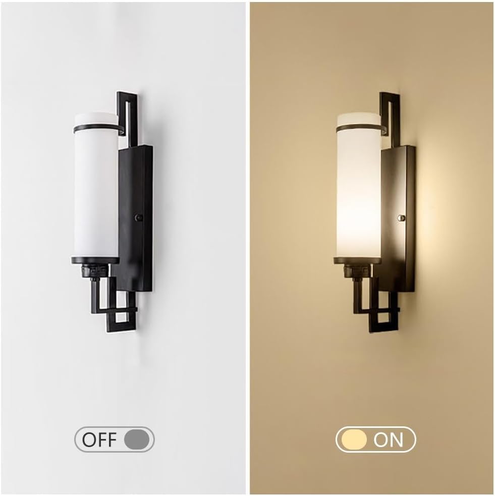 Antique Wrought Iron Metal Wall Light, Cylinder Glass Shade Wall Sconce, Decorative E27 Fixture for Over Mirror, Bedroom, Bathroom & Entryway Hardwired Lights(Black)