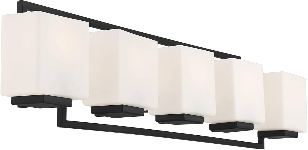 Possini Euro Design Lighting on the Square Modern Wall Mount Light Matte Black Aluminum Hardwired 37' 5-Light Fixture Opal Glass Shade for Bathroom Vanity Mirror House Living Room Home Hallway