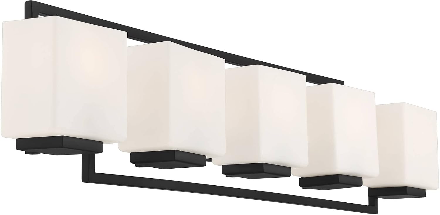 Possini Euro Design Lighting on the Square Modern Wall Mount Light Matte Black Aluminum Hardwired 37' 5-Light Fixture Opal Glass Shade for Bathroom Vanity Mirror House Living Room Home Hallway