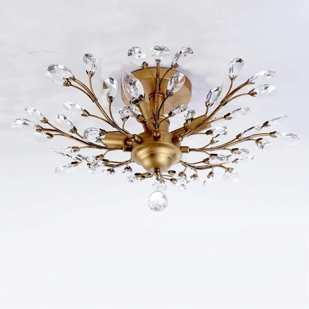 Chandeliers, V-intage Crystal Branches Chandelier Wrought Iron Ceiling Light Flush Mounted Fixture with 4 Light for Living Room Bathroom Bar Loft Club(Black)