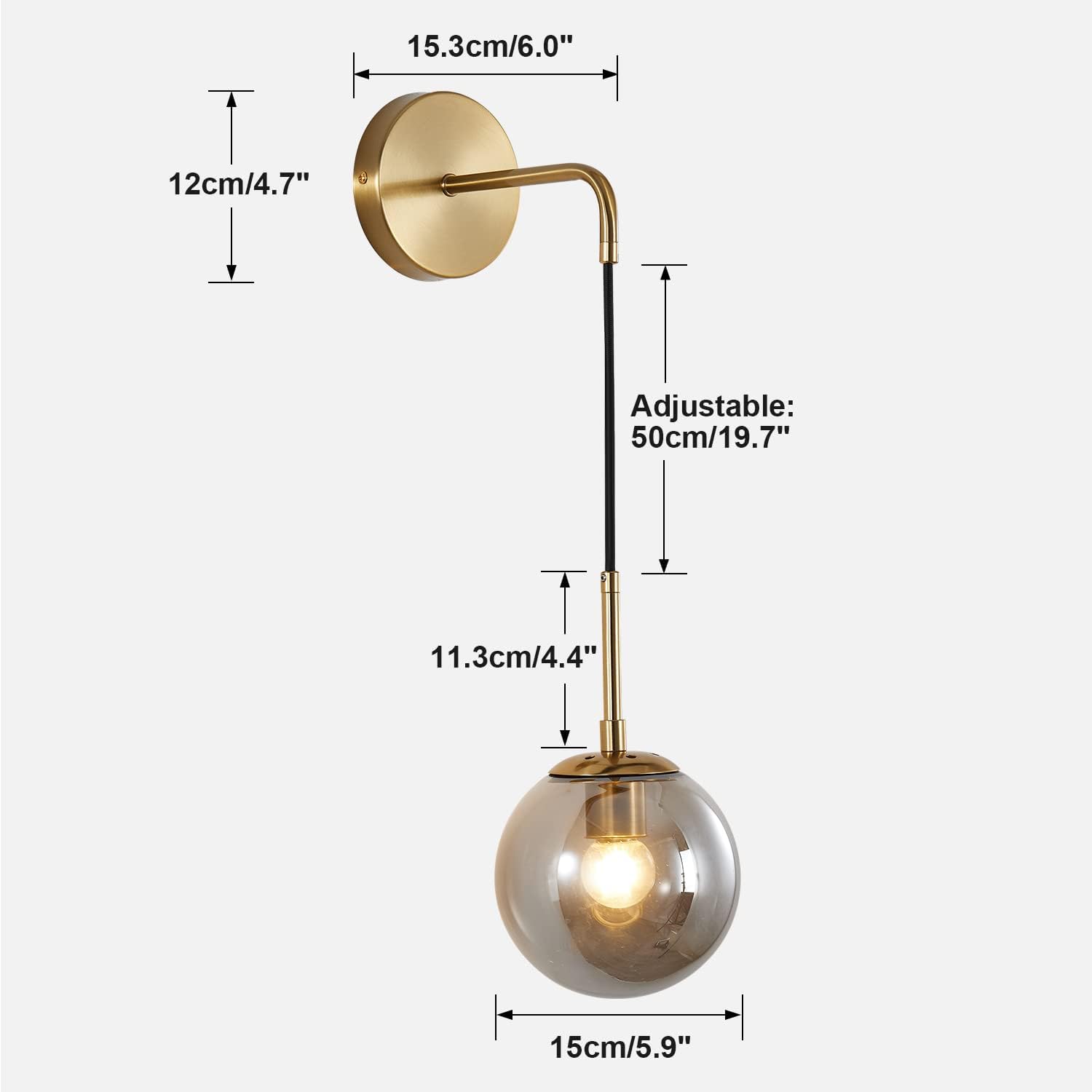 BOKT Mid Century Modern Wall Sconce Set of Two Gold Wall Sconce Light Smoke Gray Glass Round Wall Lighting Fixture Set of 2 Brushed Brass Minimalist Adjustable Bar Wall Lamp (Gold+Smoky Grey)