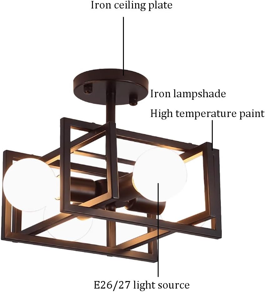 Modern Semi Flush Mount Ceiling Light Fixture Square Bathroom Ceiling Mounted Light Industrial Ceiling Lights in Black Finish Mid Century Semi Flush Mount Ceiling Light