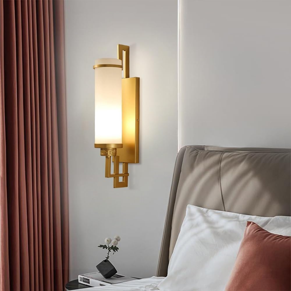 Antique Wrought Iron Metal Wall Light, Cylinder Glass Shade Sconce, Decorative E27 Fixture for Over Mirror, Bedroom, Bathroom & Entryway Hardwired Lights T-155(Gold)